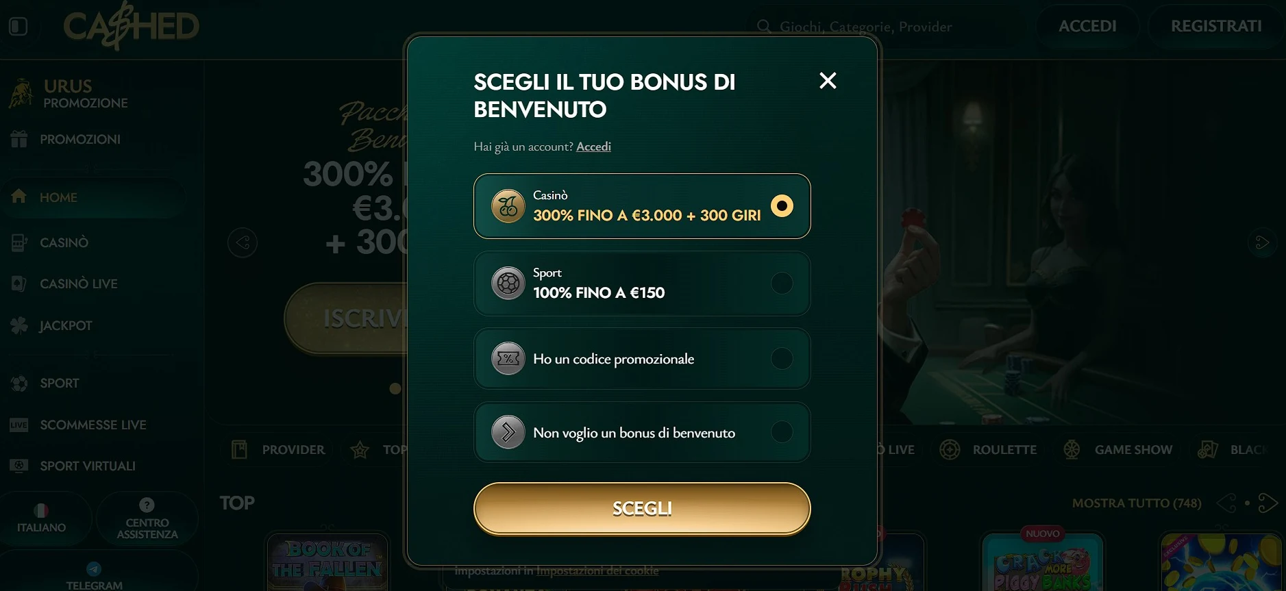 Scelta del pacchetto di benvenuto su Cashed Casino in Italia